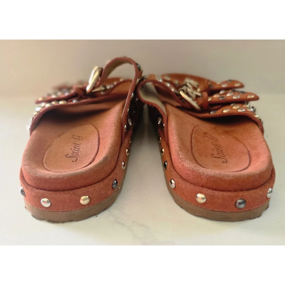 NWOT $215. Saint G Womens Rust Suede Studded Dbl Buckle Slide Sandals Size 6.5/7